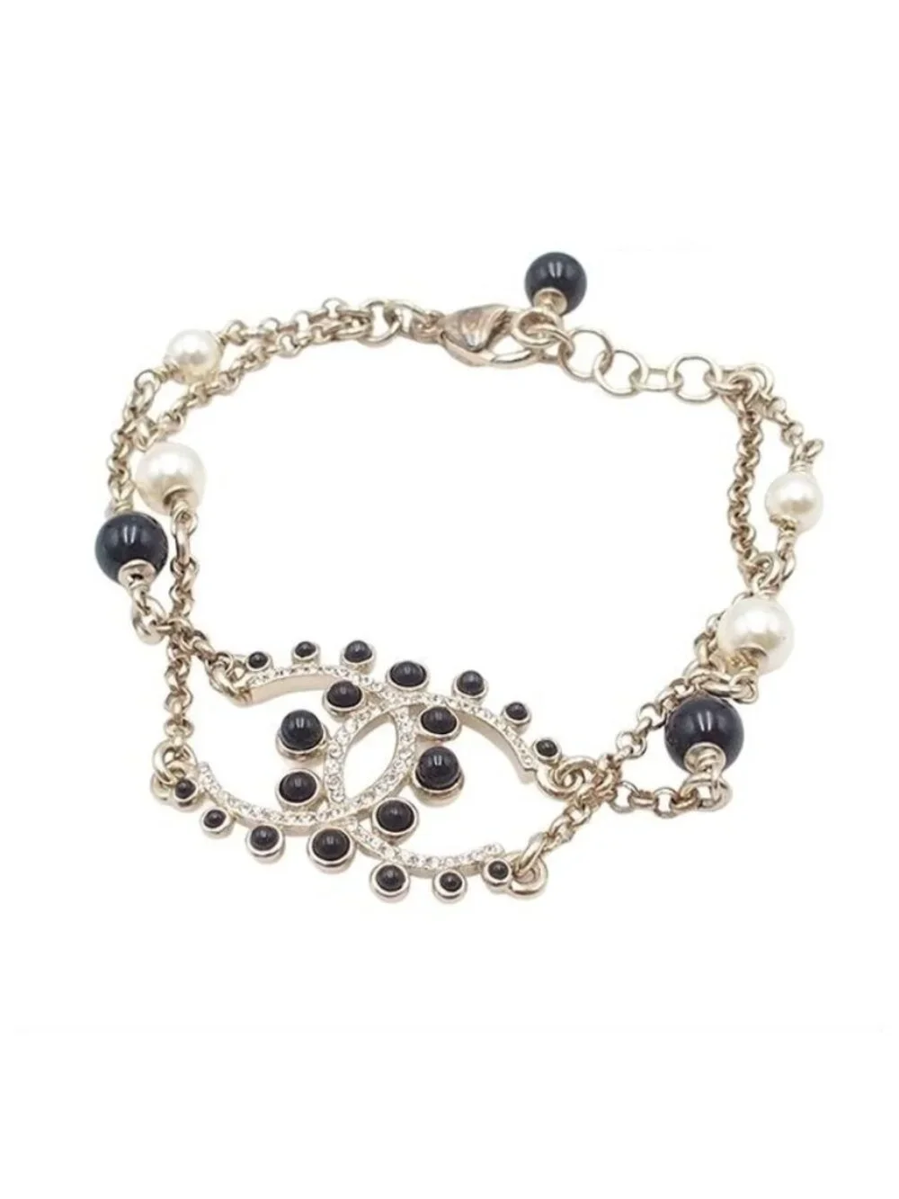 Chanel Bracelet Light Gold Metal CC Logo Stone Faux Pearl